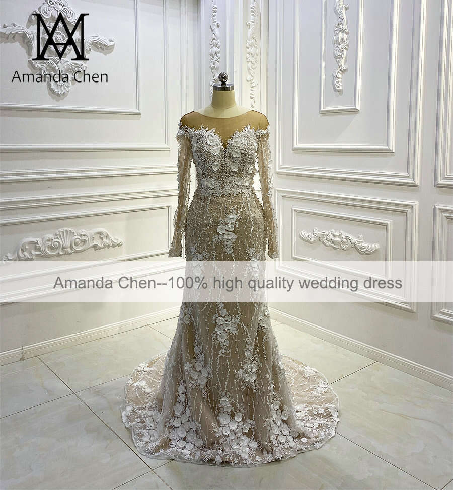 novias 2024 Long Sleeve Lace Applique Pearls 3D wers Detachable Skirt Wedding Dress