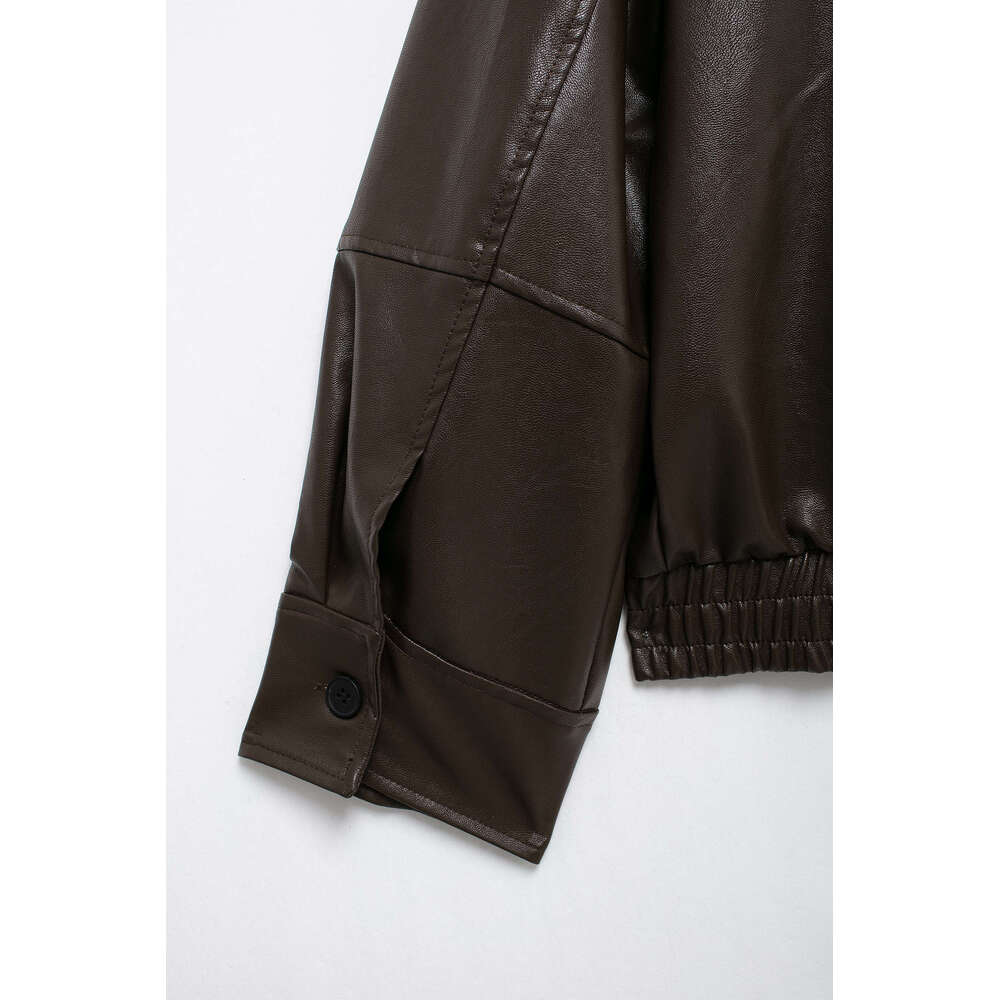 TRAFZA Women Fashion Vintage PU Leather Zipper Pockets Ed Jacket New 2024 Autumn Winter Pilot Commuter Loose Coat