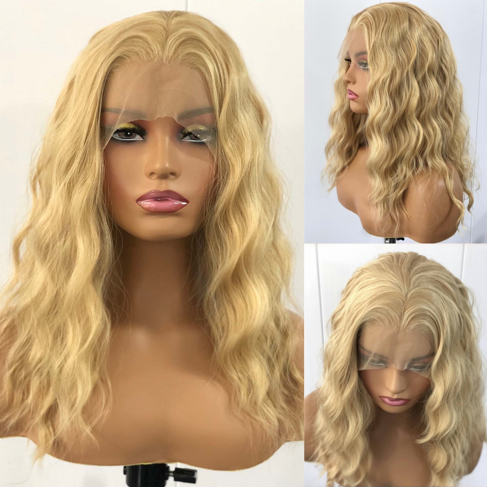 Honey Blonde Highlight Deep Wave Synthetic Lace Front Wig Short Curly Wavy Mixed Colored Hair 13X4 Frontal Wigs for Women