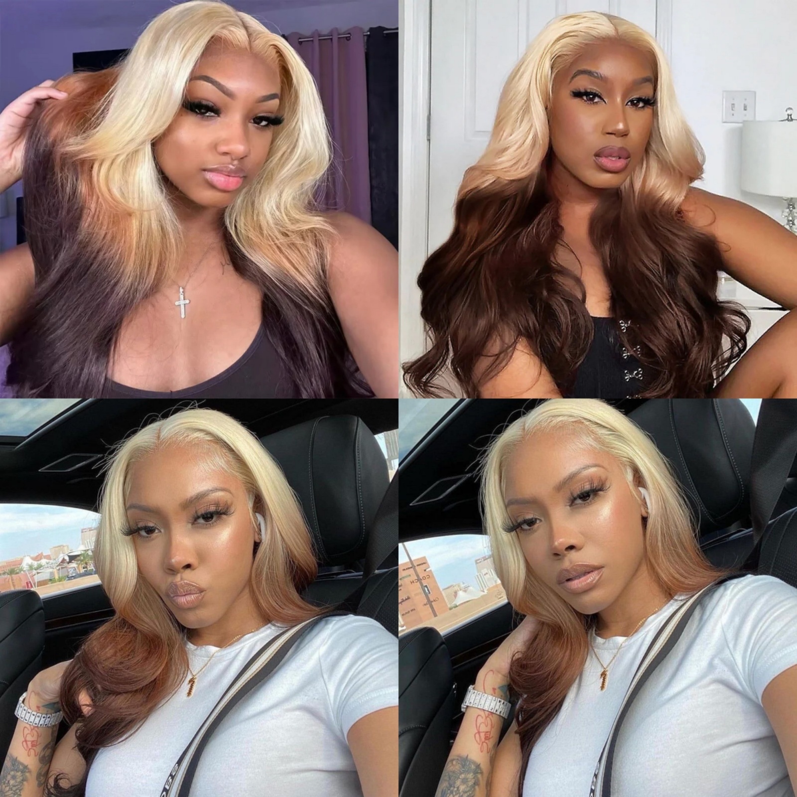 Ombre Blonde Synthetic Hair with Dark Brown Body Wave Long Wavy Lace Front Wig 13X4 Frontal Colored Wigs for Women Party