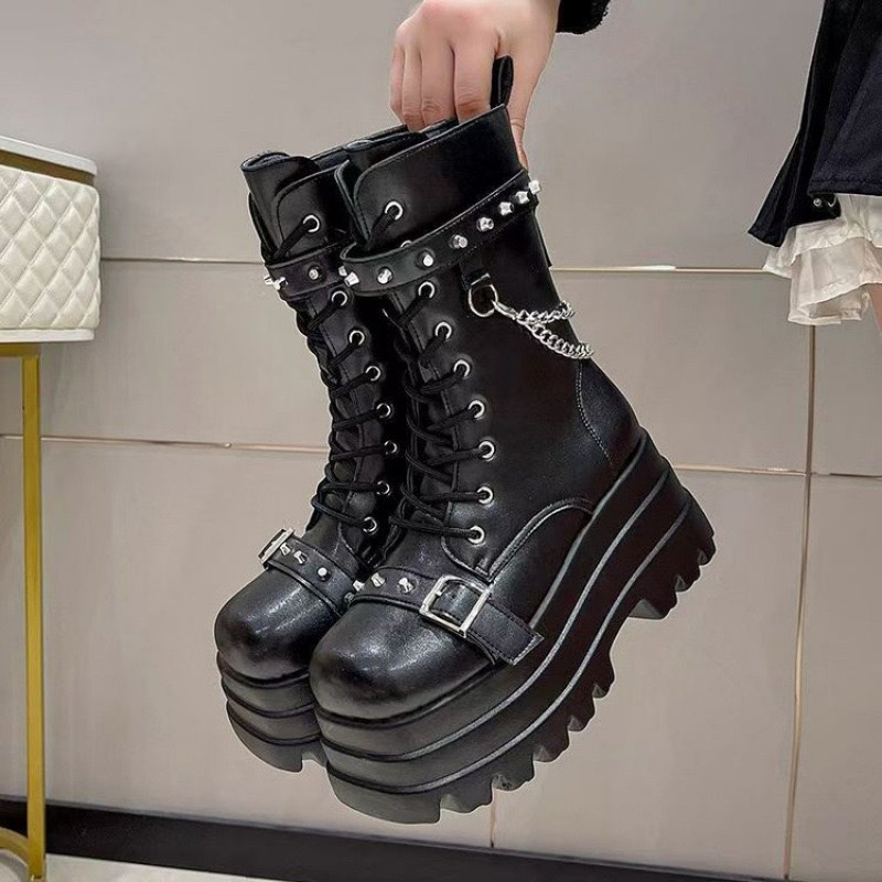 Thick Platform Gothic Lady Buckle New Autumn Shoes Women Wedges Knee High Boots Punk Street Cosplay Botas Motorcycle Chain b7fb