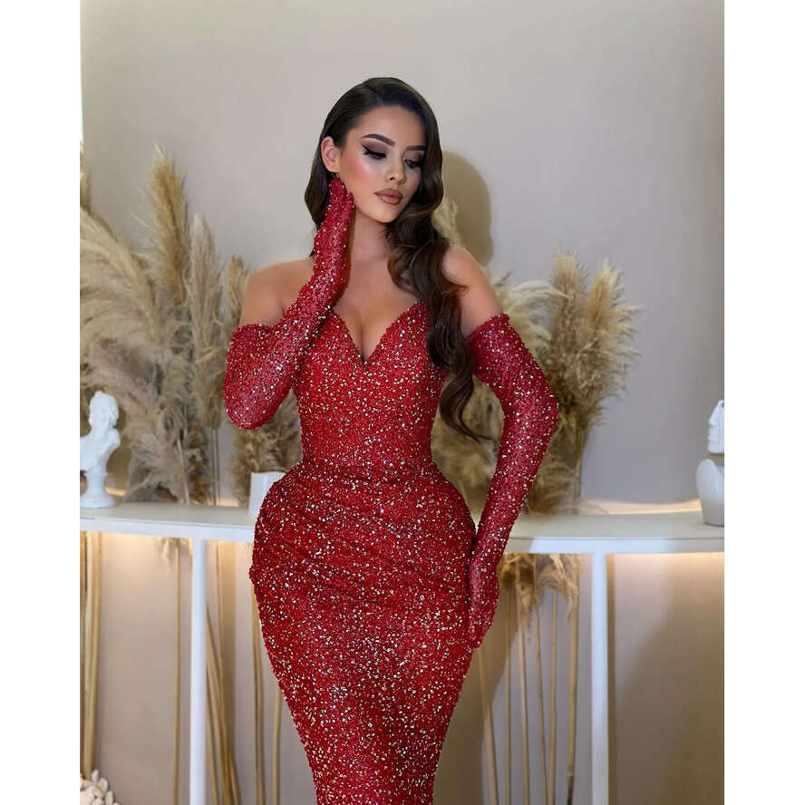 Mermaid Evening Gown Sweetheart Sequins Party Prom Dresses Sleeves Sweep Train Formal Long Dress For Red Carpet Special Ocn 0515