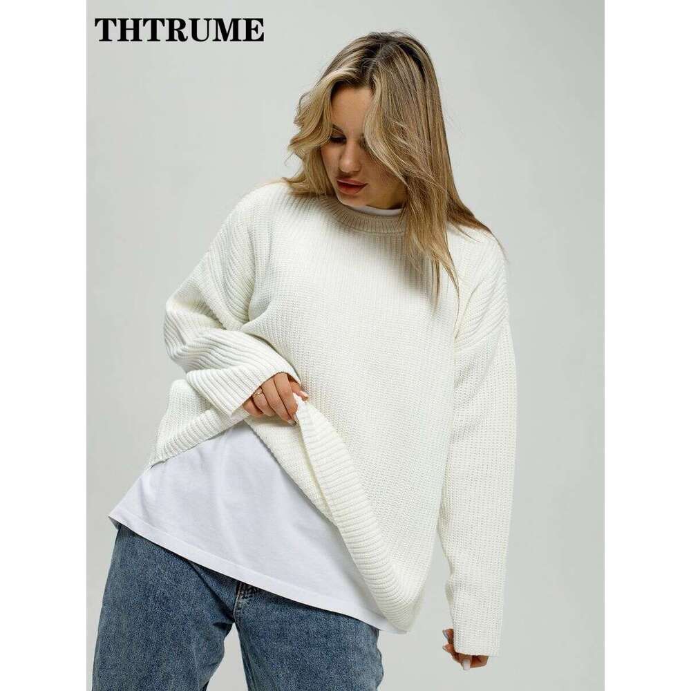 2024 New Round Neck Sweaters For Women Fashion Solid Loose Autumn Winter Thick Jumpers Tops Casual Streetwear Knit Pullovers