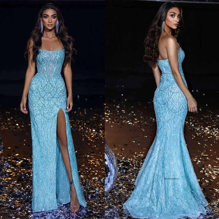 Lake Blue Crystal Mermaid Evening Dresses Strapless Side Split Prom Dress Sequins Beaded Sleeveless Custom Made Illusion Formal Party Gowns 0515