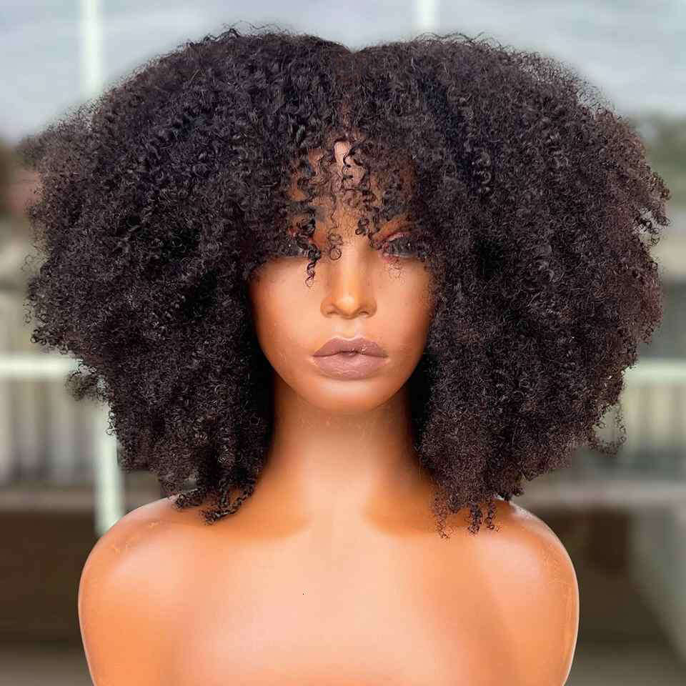 B C Afro Kinky Curly Wig with Bangs Human Hair Full Machine Made NON Lace Density Remy Brazilian Short Bob Wigs