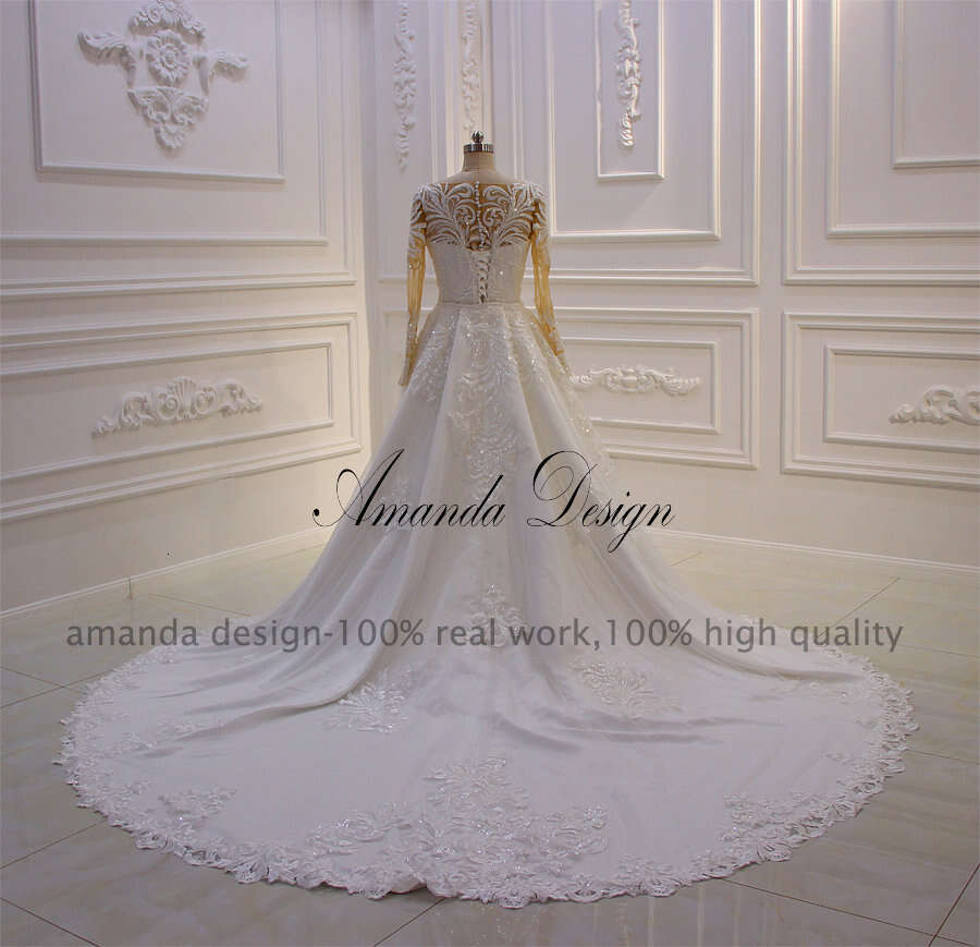 Amanda Design gelik Long Sleeve Lace Appliqued African Wedding Dress with Detachable Skirt