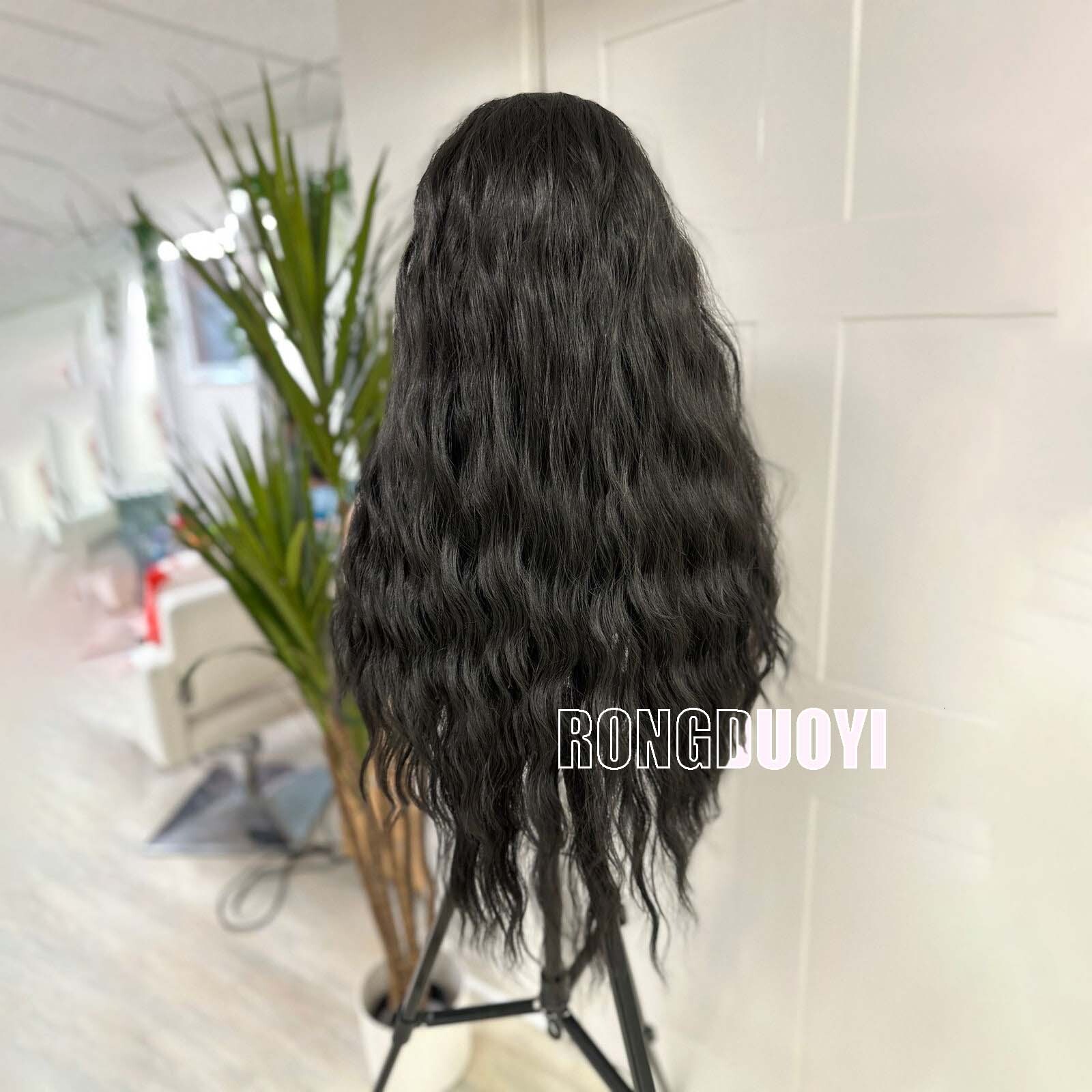 Black Long Beach Wavy Synthetic Front Wig Glueless Frontal 1B Colored Curly Hair Lace Natural Wigs for Women Party