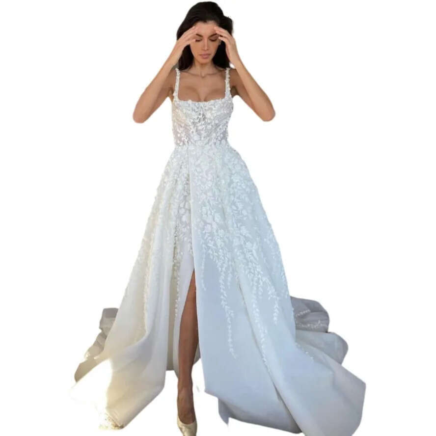 Straps Boho A E Dresses For Bride Square Neck Appliques Wedding Dress Vestidos De Novia Front Slit Designer Bridal Gowns 0515