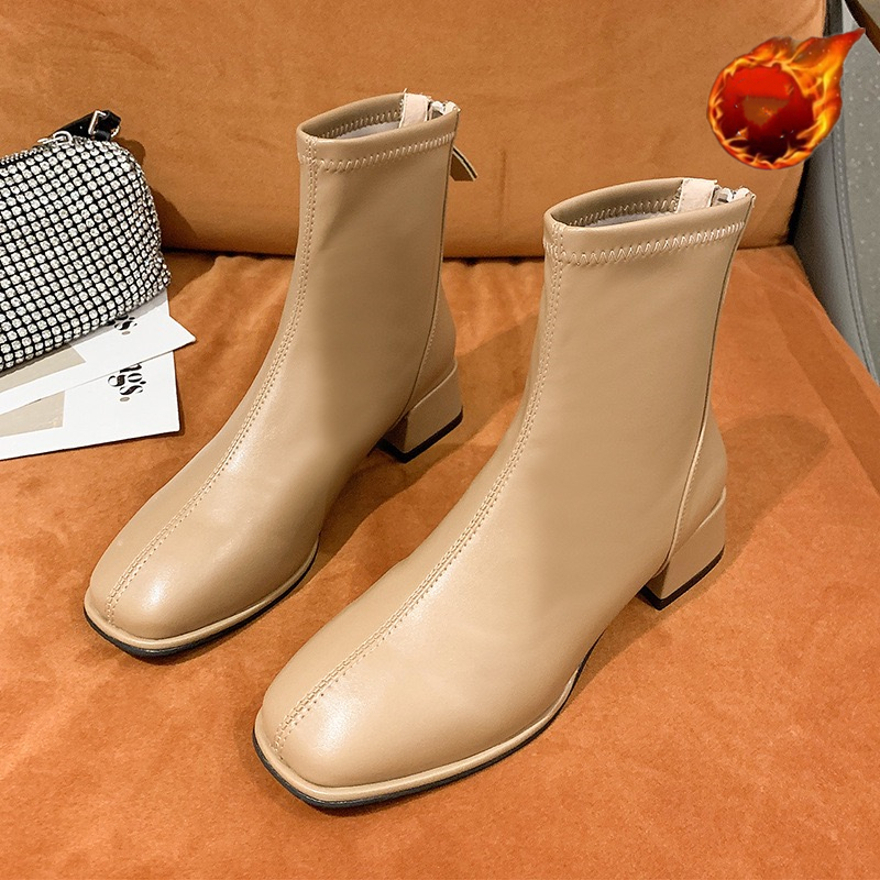 Soc Elastic Fashion New Ankle High Thic Heel Square Toe Short Boots Women Retro 2024 New Ladies Shoes