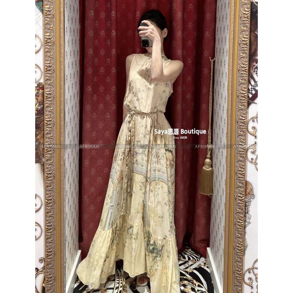 Women Ribbon Bow Collar Heavy Beaded Retro Wer Print Sleeveless Waistband Long Silk Dress