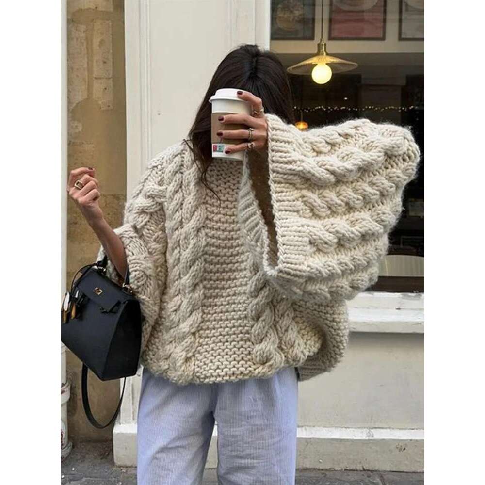 Elegant Solid Knitted Sweaters For Women Casual Oversize Long Lantern Sleeve Pullovers 2024 Autumn New O Neck Lady Jumper Tops