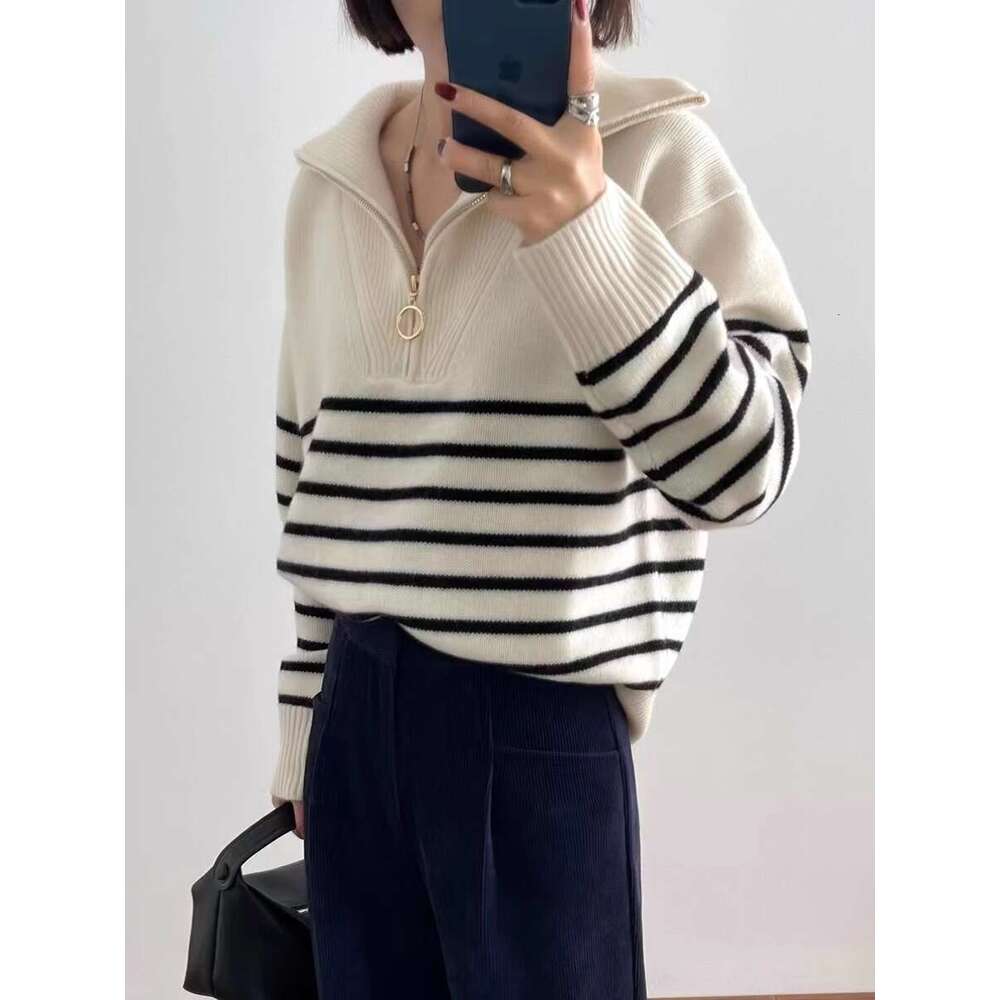 Autumn/Winter New Classic Striped Zipper Turtleneck + Lapel 100% Cashmere Knit Women's Bottom Sweater