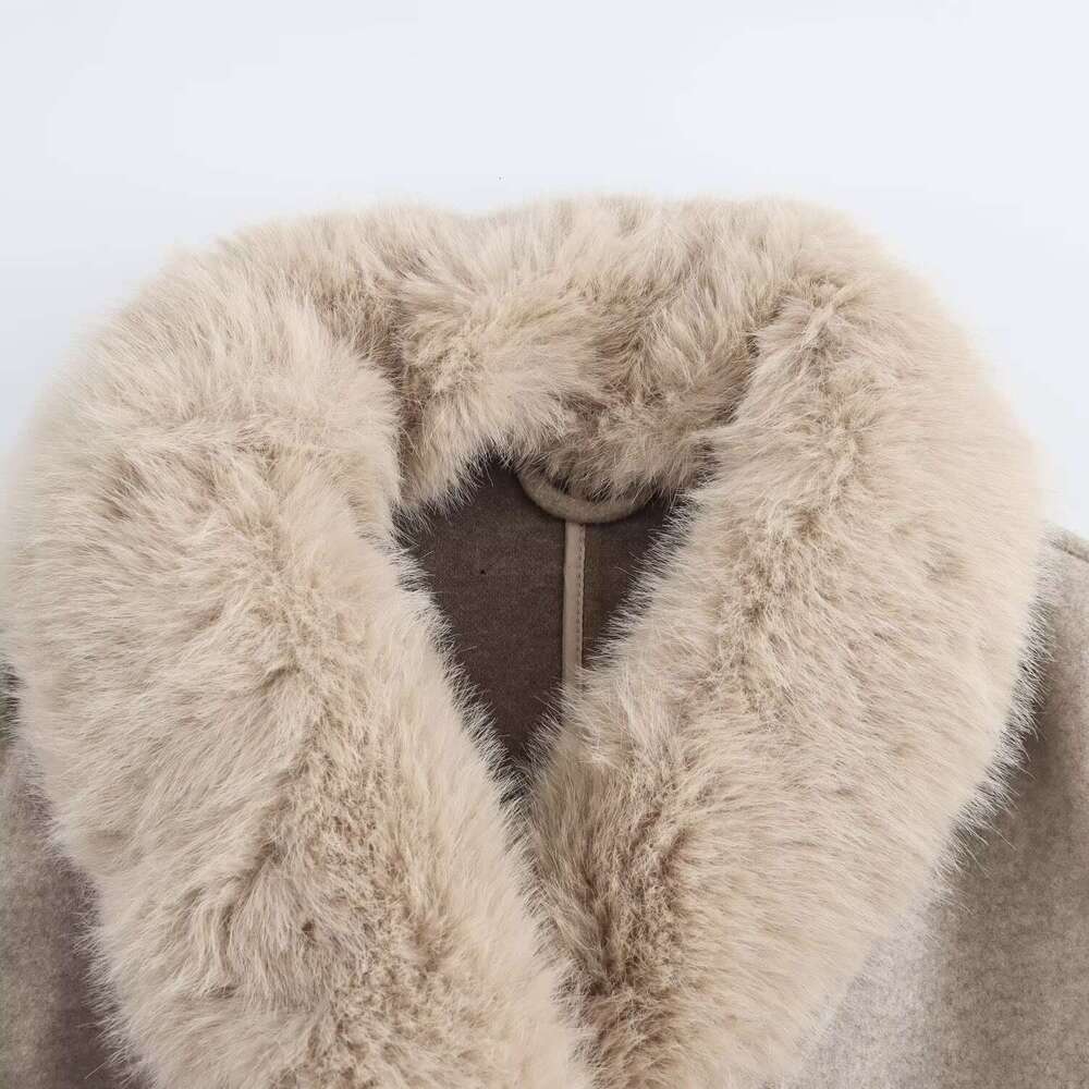 TRAFZA Women Fall Winter Faux Fur Collar Belted New 2024 Fashion Casual Stylish High Street Long Coat