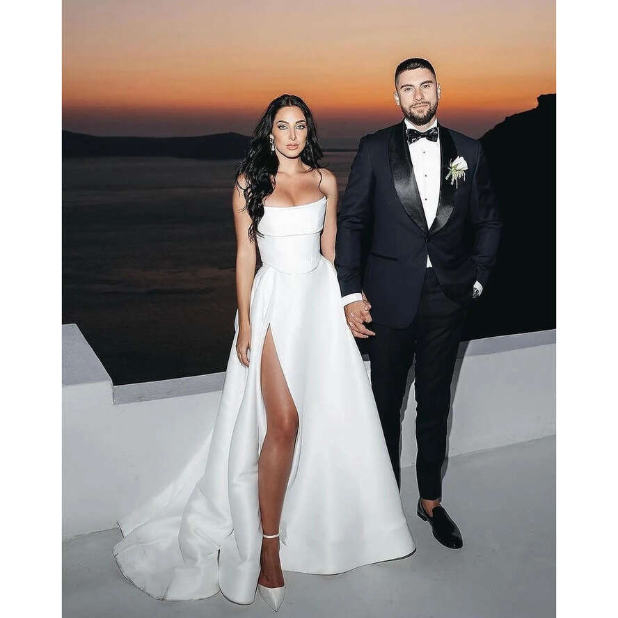 Boho A E Dress For Bride Strapless Satin Wedding Dresses Bridal Gowns Vestidos Novia Bone Bodice Thigh Split Countries Robe De Mariage 0515