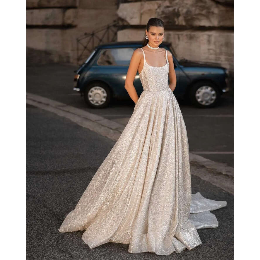 Berta A E Dresses Straps Bone Bodice Glitter Wedding Gown Sweep Train Designer Bridal Gowns 0515