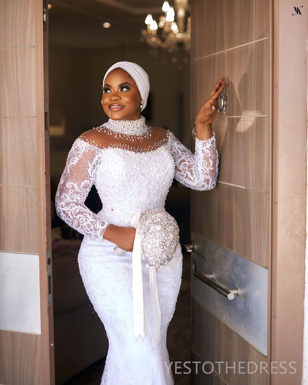2025 Plus Size Arabic African Wedding Dress For Bride Bridal Gowns Detachable Train Mermaid Pearls Beaded Lace High Neck Long Sleeves Wedding Gowns Fo