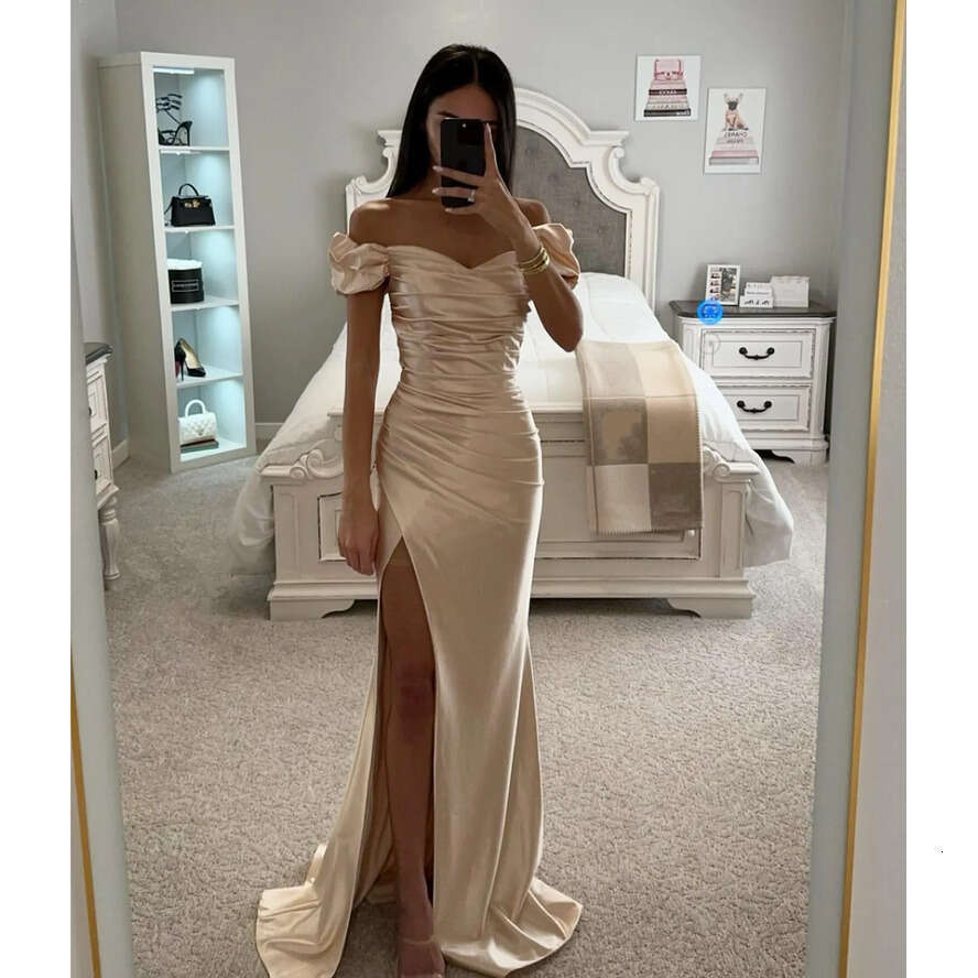 Light Champagne Prom Off Shoulder Satin Evening Elegant Pleats Split Formal Long Special Ocn Party Dress Promdress Robe De Soiree 0515