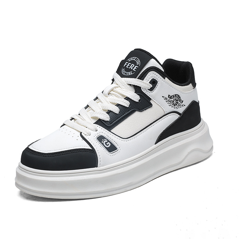 Autumn and Winter New Men's Thick Bottom Student Skateboarding Shoes Versatile Mid Top Sports and Leisure Shoes Leather Face Trendy Men's Sh