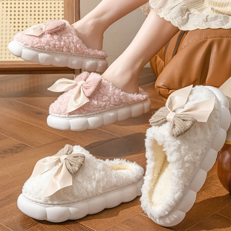 Winter Warm Fur Slippers for Women Cute bow House Non Slip Soft Shoes Comfort Flat Heel Home Indoor Bedroom Plush Slippers 241025