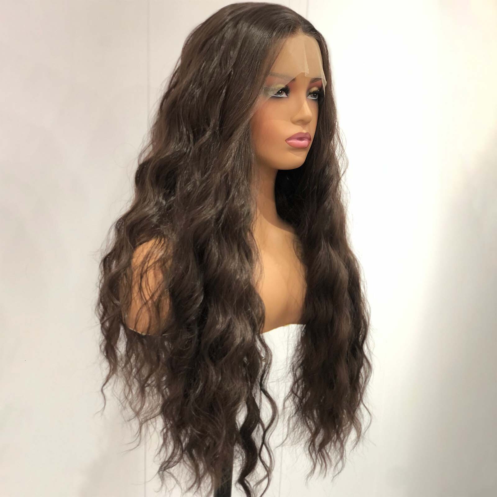 Dark Brown Long Curly Wavy Synthetic Lace Front Wig Loose Deep Natural Brunette Colored Hair 13X4 Frontal Wigs for Women