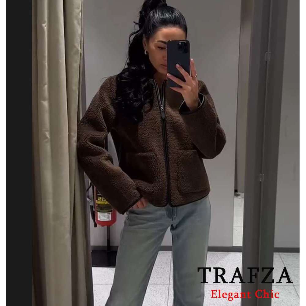 TRAFZA Women Vintage O-Neck Zipper Deep Brown New 2024 Fall Autumn Fashion Casual Fleece Jacket