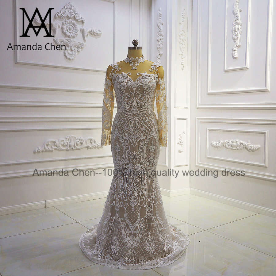 robe de mariee 2024 Long Sleeve Lace Appliqued Champagne Detachable Skirt Wedding Dress