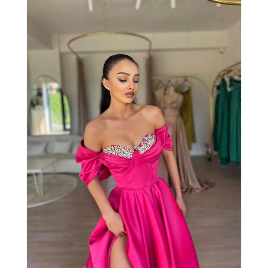 Fashion Rosy Pink Prom Dresses Off Shoulder Beads Collar Evening Gowns Pleats Slit Formal Long Special Ocn Party Dress 0515