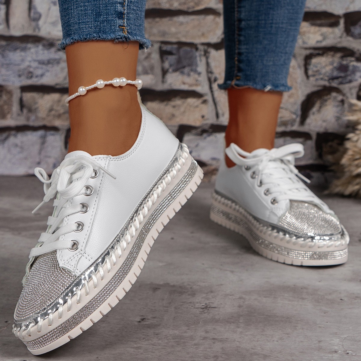 Women Casual Shoes Sequins Rhinestone Shoes Breathable Wear Resistance Lace Up for Outdoor Activities
