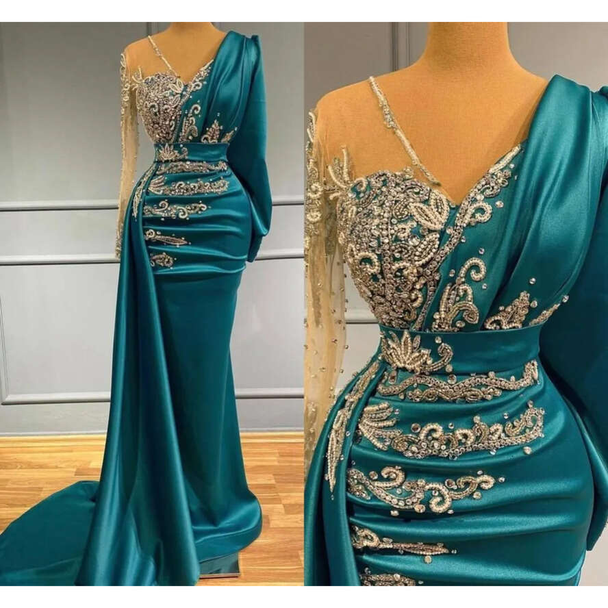 Long Sleeve Prom Evening Dresses 2023 Formal Ocn Wear Gold Appliques Beads Hunter Sheer Neck Arabic Robe De Soriee