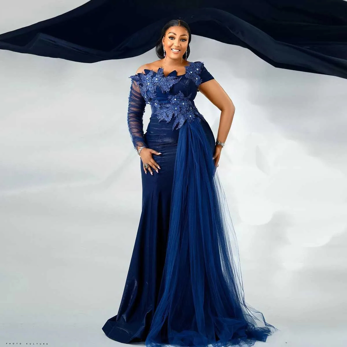 Elegant Navy Mermaid Evening Dresses Lace Appliques Off Shoulder Long Sleeve Formal Party Gown Floor Length Prom Special Occasion Dress For Women