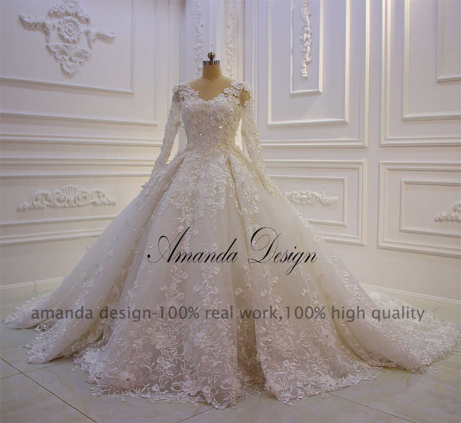 Amanda Design vestidos de novia Long Sleeve Lace Applique wers Wedding Dress for Bride