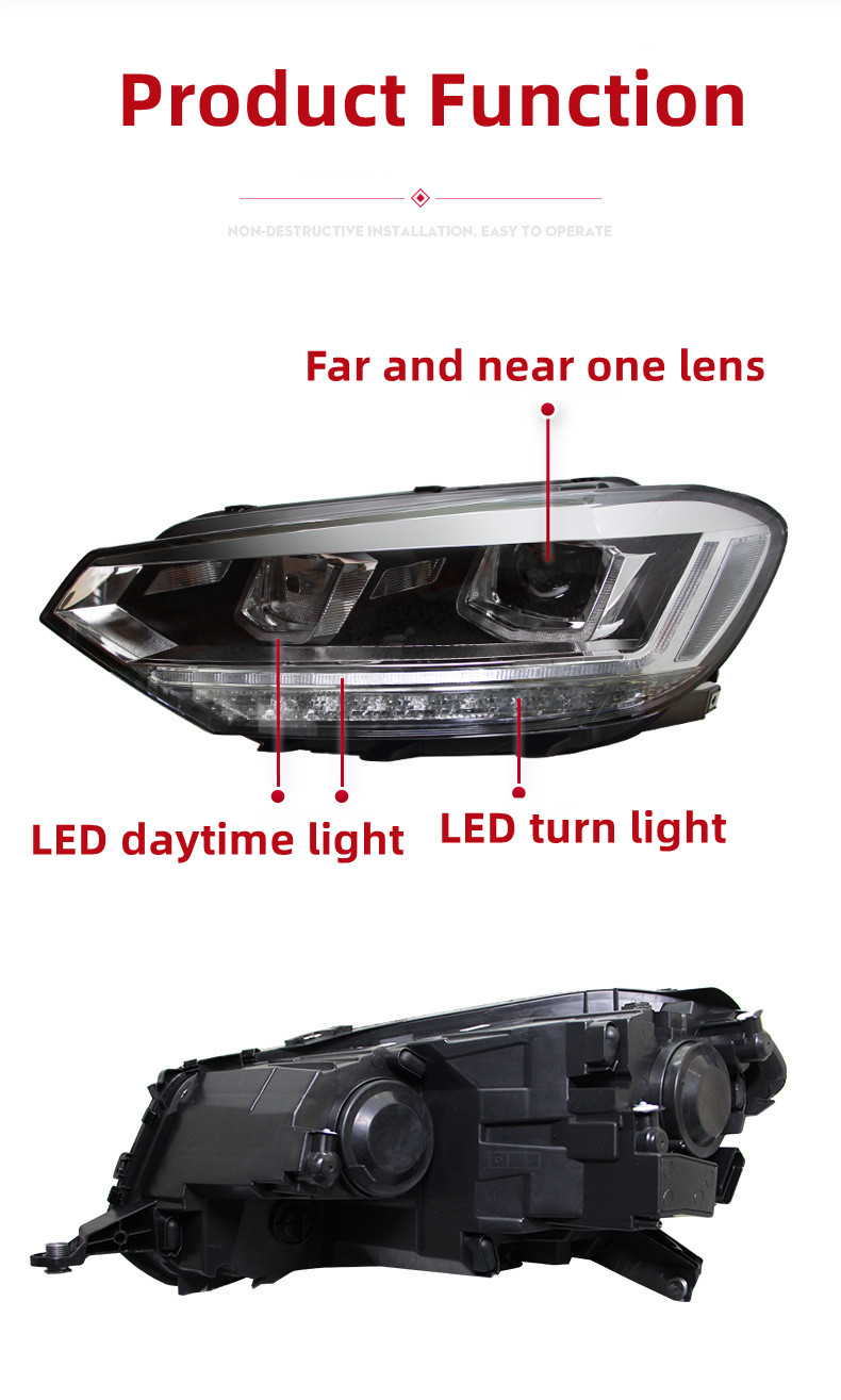 For VW Touran 20 16-20 19 Headlight Assembly Upgrade LED Lens Headlight Daytime Running Light Dual lens High Beam