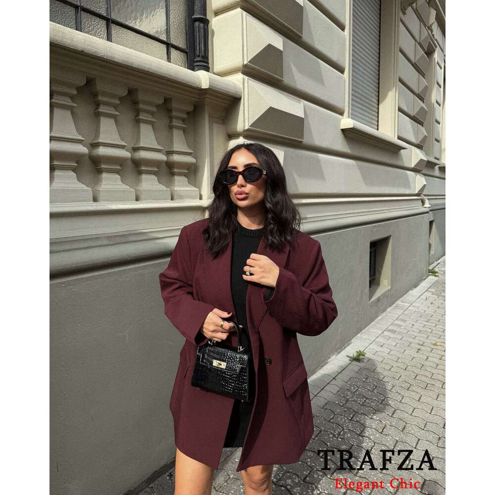 TRAFZA Elegant Red Solid Office Women Lapel Pocket 2024 New Spring Autumn Fashion Old Money Commuter Blazer