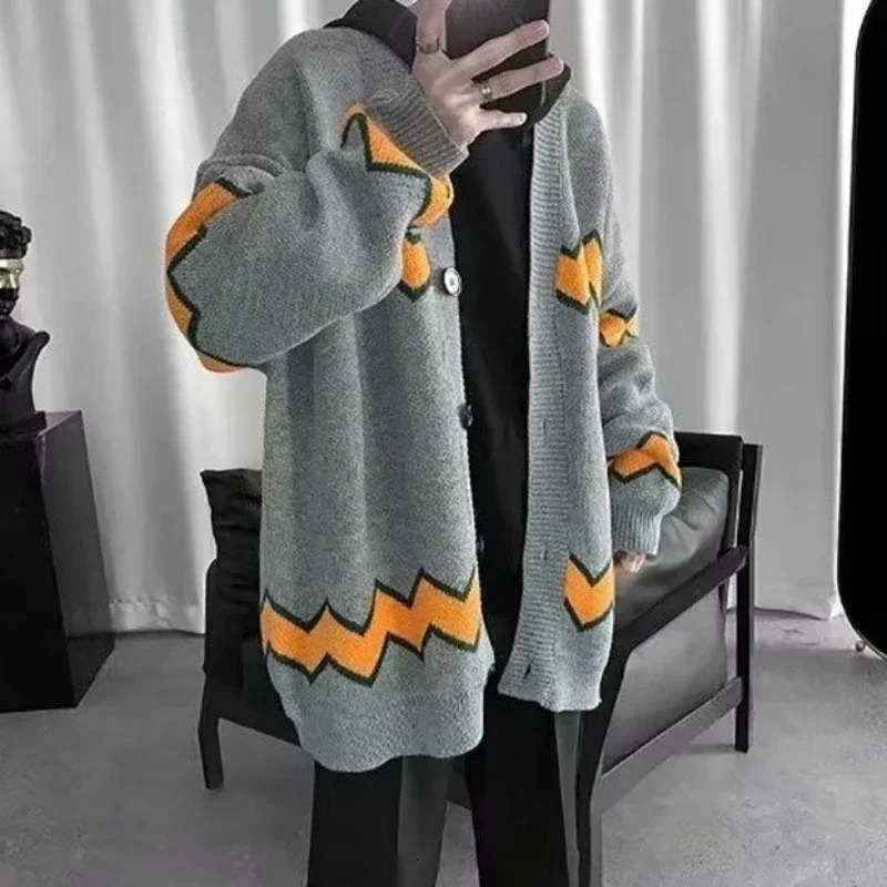 Knit Sweater Male Jacket V Neck Cardigan Mens Clothing Black Striped Coat Korean Autumn Clothes Casual Pull Oversize Cotton Fun 241024
