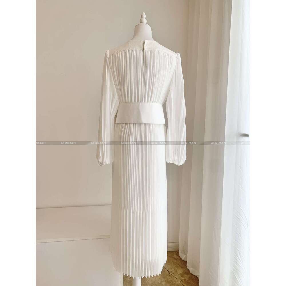 Women White Folded Round Neck Long Sleeve Midi Pleated Dress With Wide Waistband