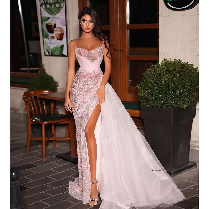 Pink Mermaid Prom Dresses Sleeveless V Neck Appliques Shiny Sequins Or Length Bead 3D Lace Si Slit Sparkly Evening Dress Bridal Gowns Plus Size Custom