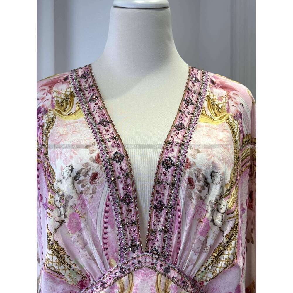 Women V Neck Crystal Beaded Short Flare Sleeve Pink Wer Print 100% Silk Maxi Long Dress