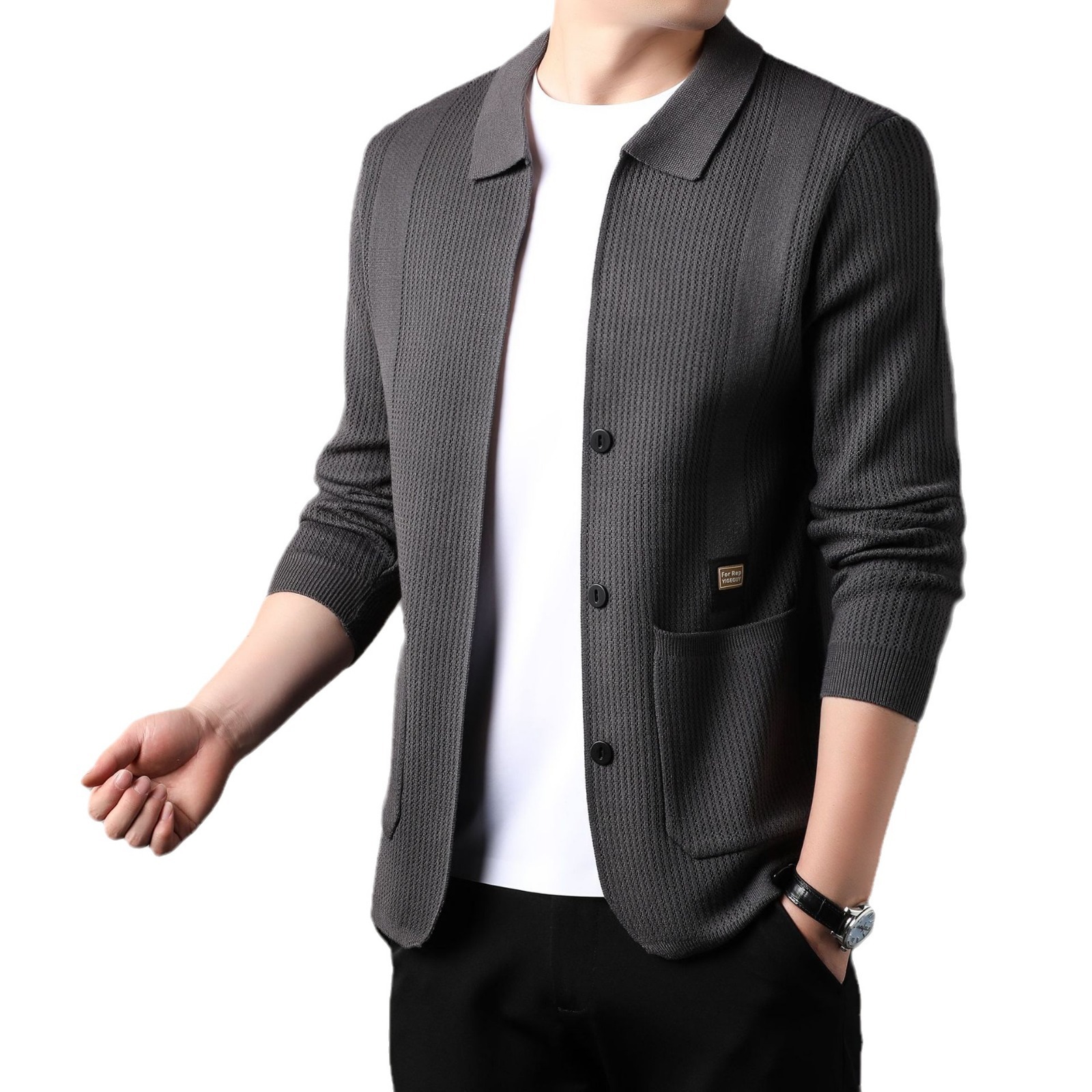 2024 new designer cardigan men's mid neck casual thin long sleeved Korean version slim knit jacket
