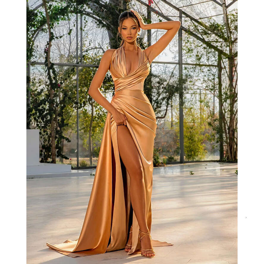 Elegant Champagne Gold Evening Dresses Pleats Halter Party Prom Split Long Dress For Special Ocn 0515