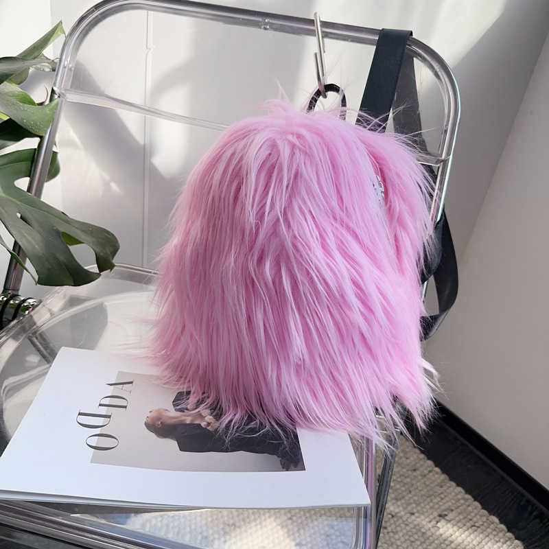 autumn winter long hair adjustable backpack with niche design, plush tassel versatile y2k spicy girl backpack 241015