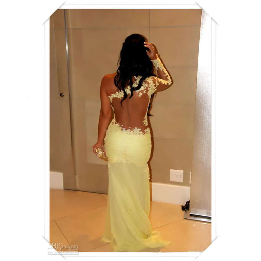 Oscar Yellow Mermaid Lace Sleeve Prom Sheer Chiffon Evening Gowns Long Celebrity Red Carpet Dresses One Shoulder Necke 0509