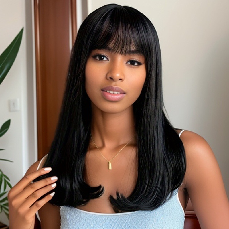 Wigs for women air bangs inward medium-long hair African foreign trade chemical fiber full head wigs