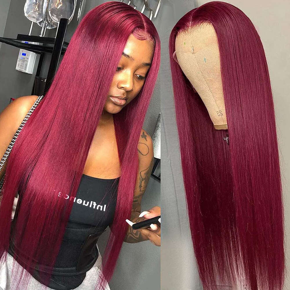 Burgundy Red x HD Lace Front Human Hair Wigs For Women j Bone Straight Frontal Wig Closure