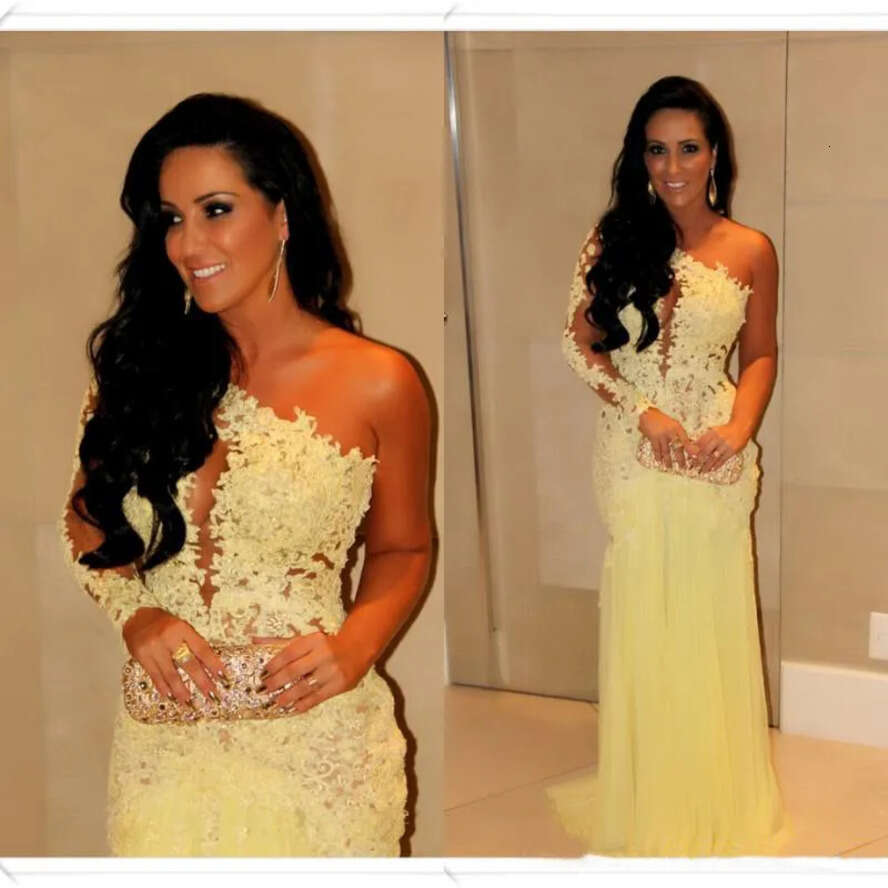 Oscar Yellow Mermaid Lace Sleeve Prom Sheer Chiffon Evening Gowns Long Celebrity Red Carpet Dresses One Shoulder Necke 0509