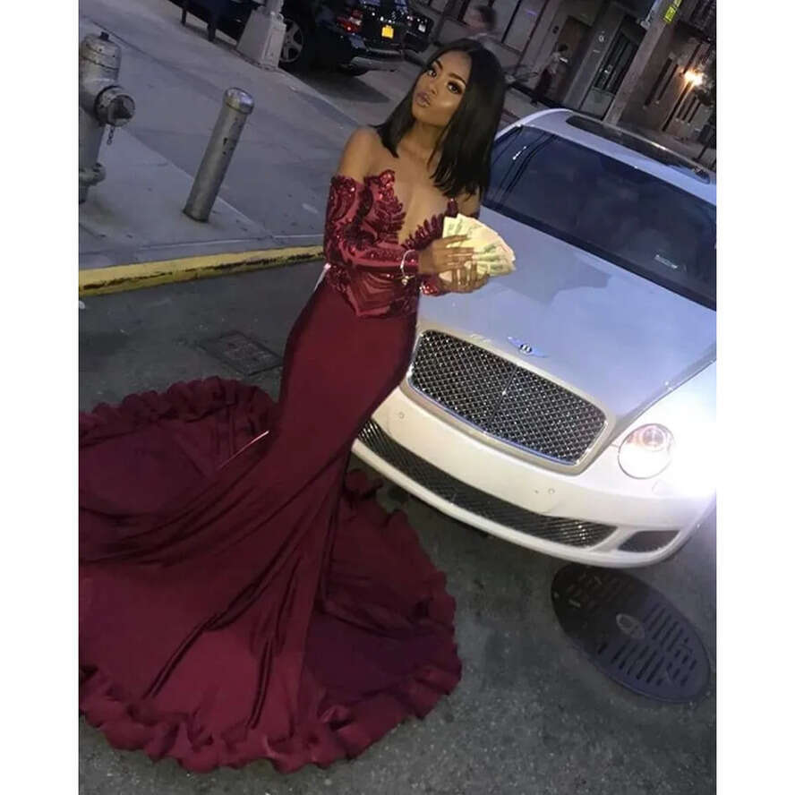 Bury Sequins Prom Dresses 2022 Mermaid Off Shoulder Long Sleeves Backless Evening Party Gowns Special Ocn