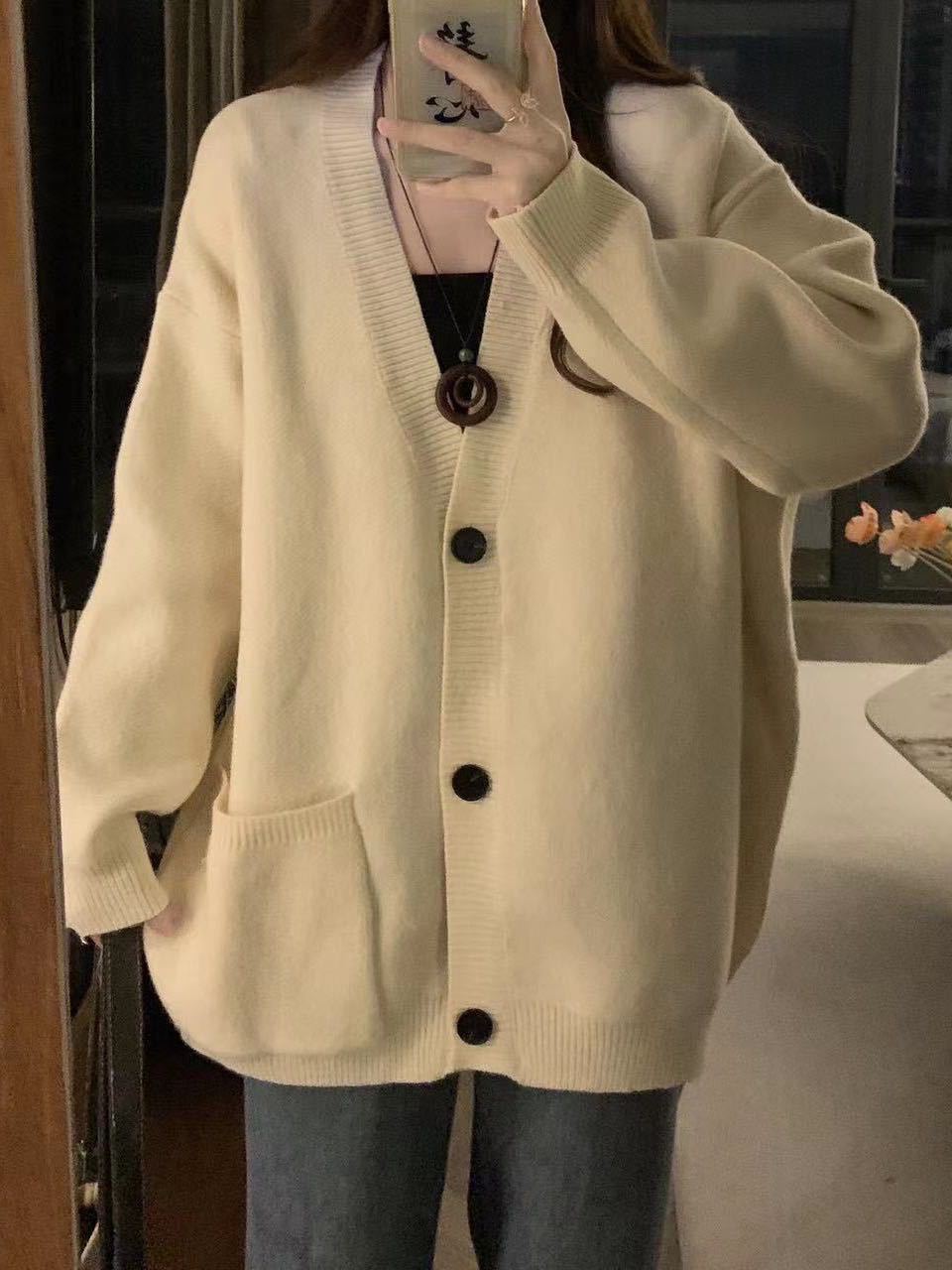 Loose Lazy Style Soft Sticky Sweater Cardigan For Women Autumn New Item Solid Color Simple And Versatile V Neck Knitted Jacket F1028#40