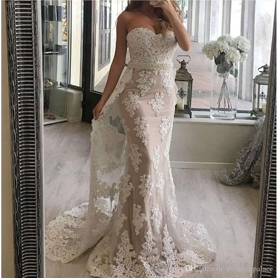 Elegant Mermaid Dresses Lace Long Beadings Crystals Sweetheart Sashes Or Length Satin Plus Size Wedding Dress Bridal Gowns Sexy 0430
