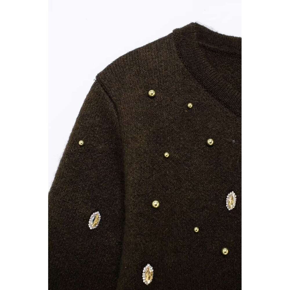 TRAFZA Women Vintage Soft Tweed Button Jewel Embellished New 2024 Autumn Fall Fashion Jacket With Pocket