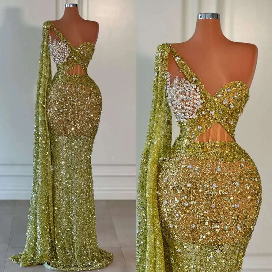 Green Mermaid Evening Elegant Sequins Pearls Promdress Illusion Bodice Glitter Formal Dresses For Special Ocns Sweep Train Robe De Soiree 0515