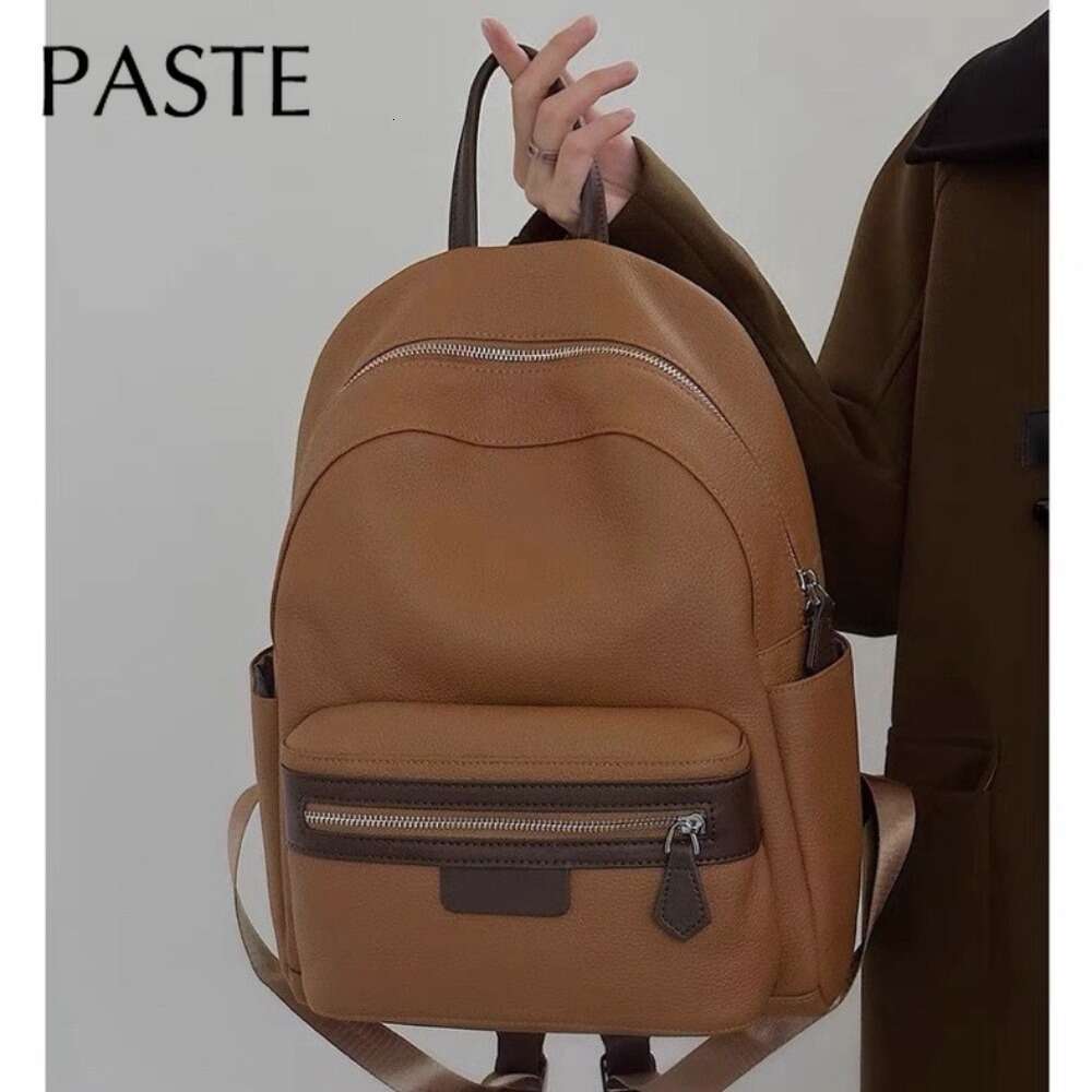 New Natural Cowskin 100% Genuine Leather Women Backpack 2024 Beige Hit-Color Large Capacity Shoolbag For Laptop College Girl